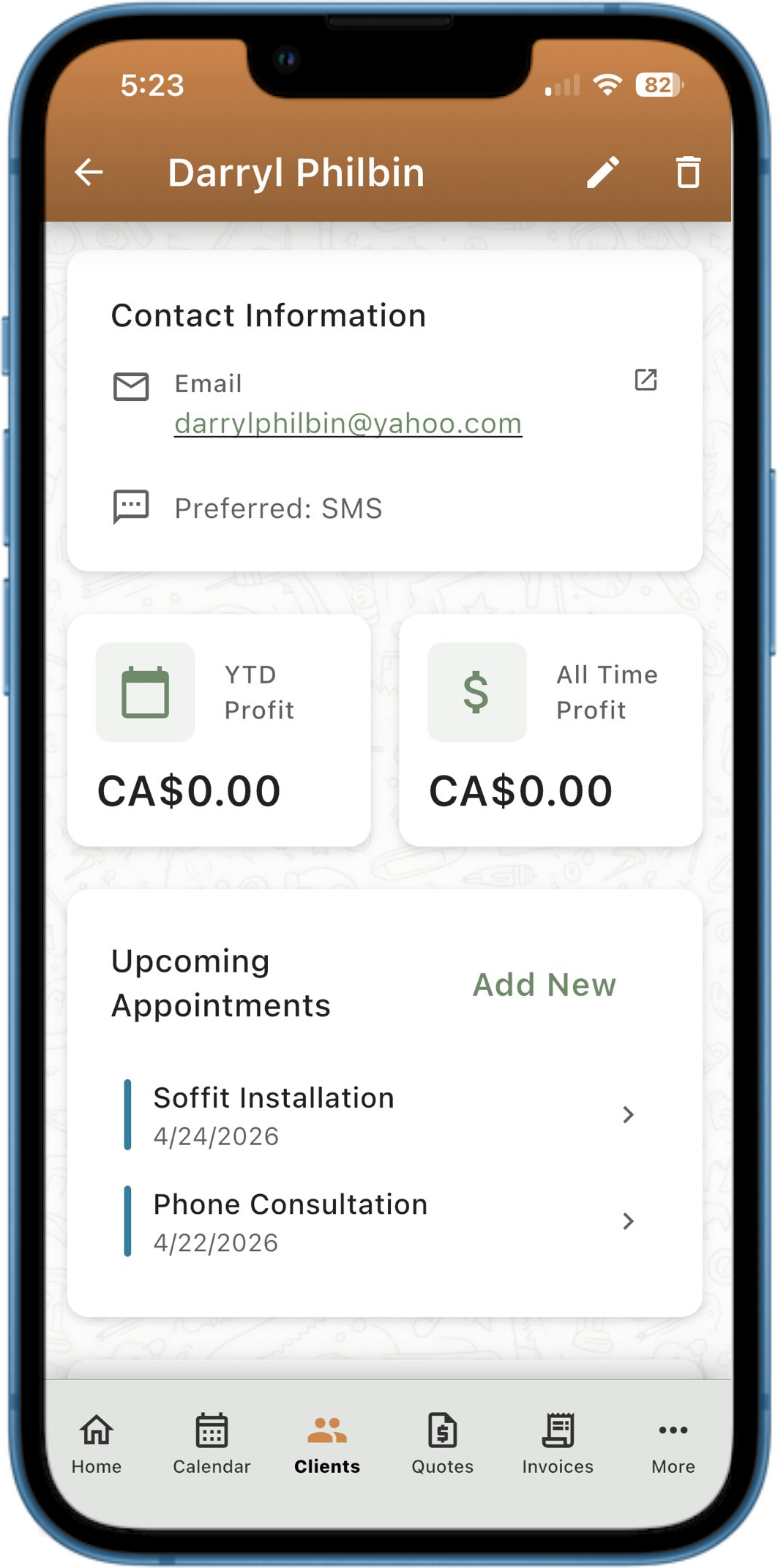 Client profile in Pocket Clients showing contact details, appointments history, and total revenue earned