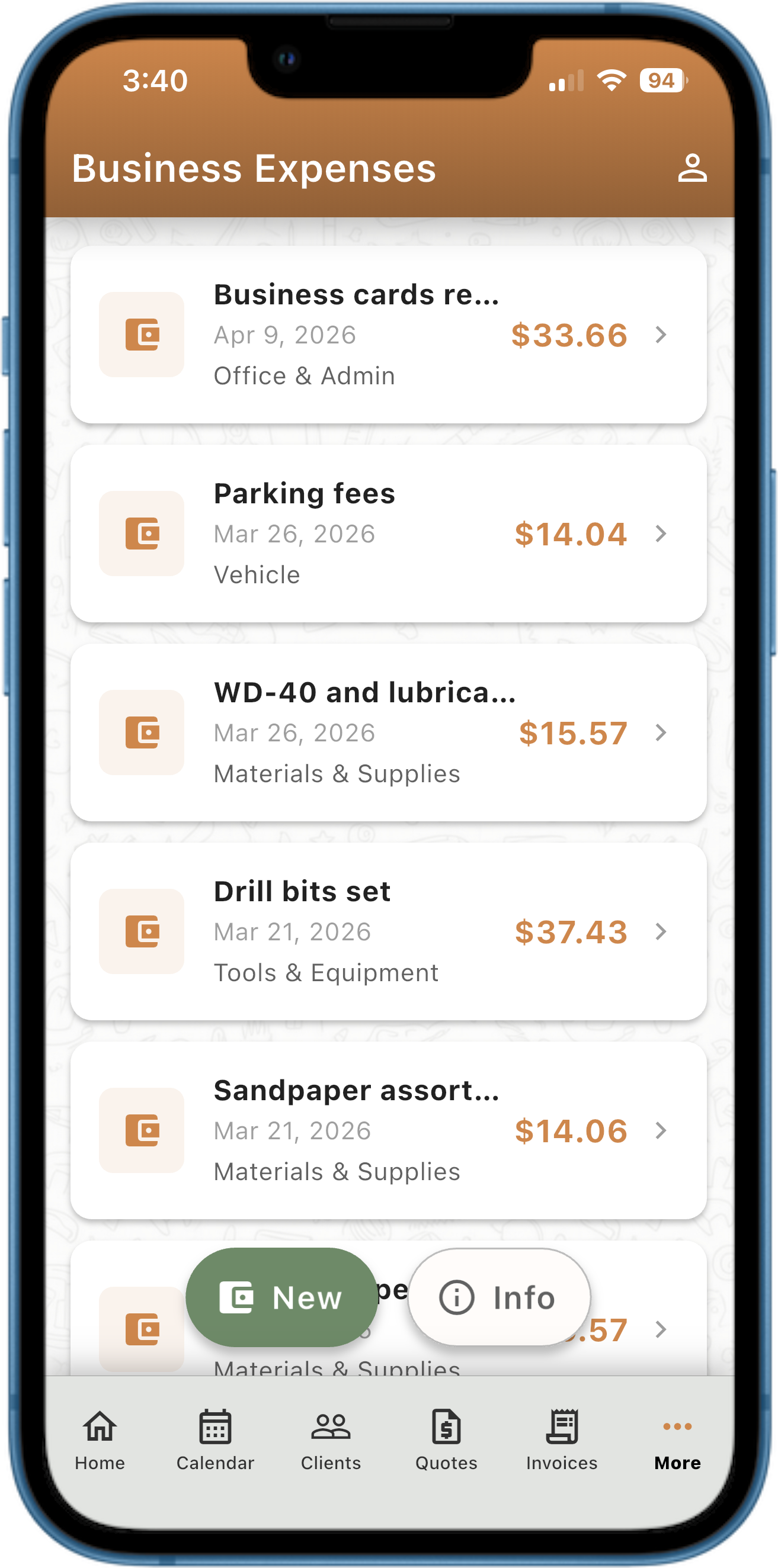 Expense tracking screen showing caregorized business expenses with receipt photos attached