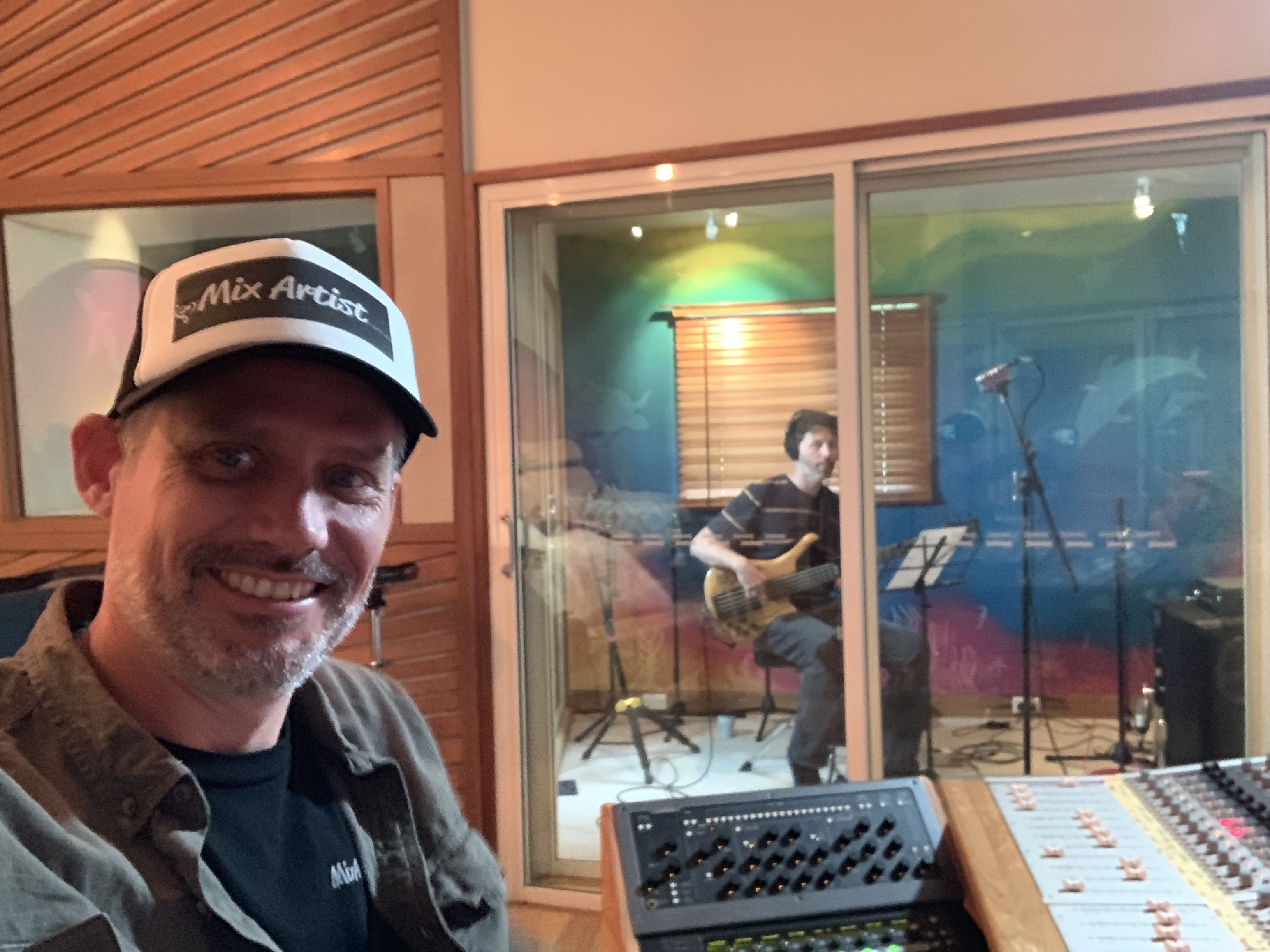 Tom Kelly on the bass with engineer Jan 'Yarn' Muths at Mix Artist Studio