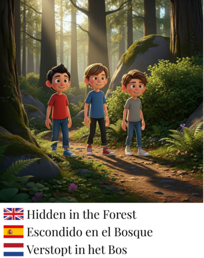 Cover page of Hidden in the Forest with Hugo and his two friends walk through the forest