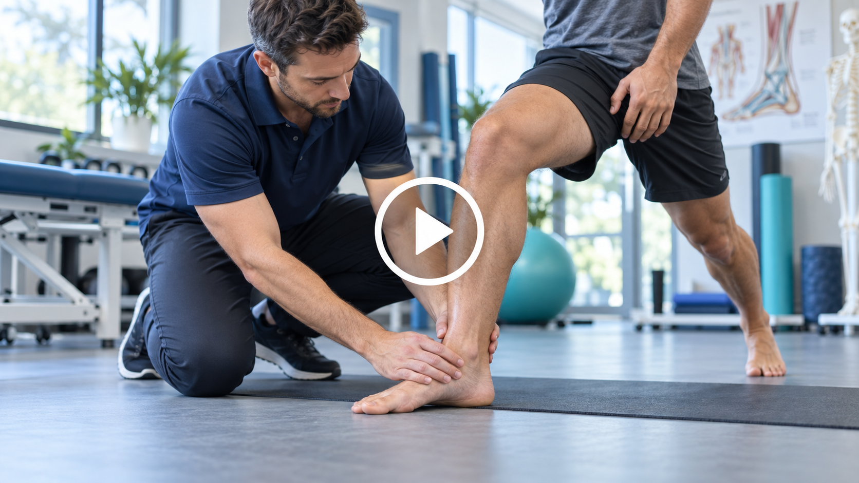 Physiotherapist assessing an athlete’s ankle in a professional rehabilitation clinic