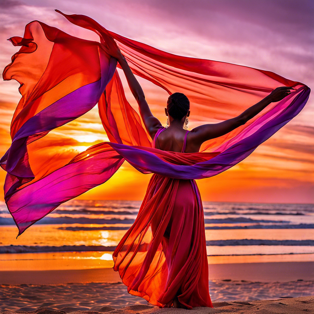 Frau befreit am Strand in bunter Kleidung