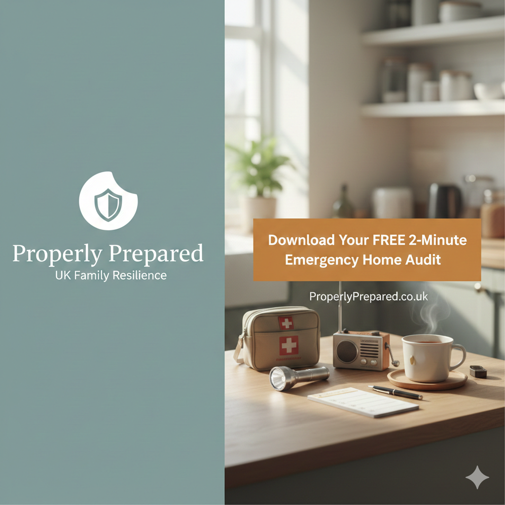 Emergency home kit with radio and first aid for UK family preparedness.