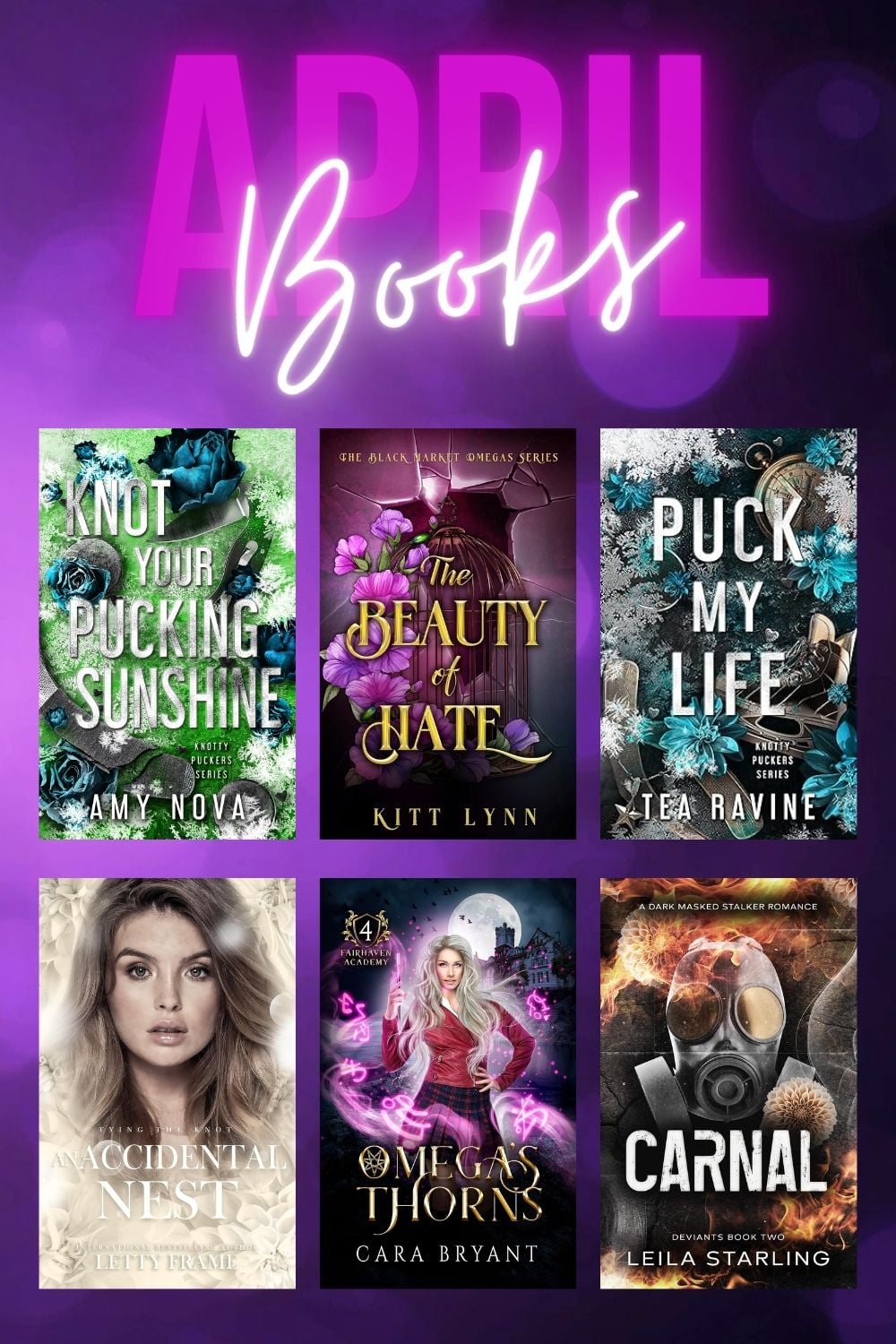 collage image of recommended books for April from Amy Nova's Newsletter featuring books by Amy Nova, Kitt Lynn, Tea Ravine, Cara Bryant, Letty Frame, Lia Starling