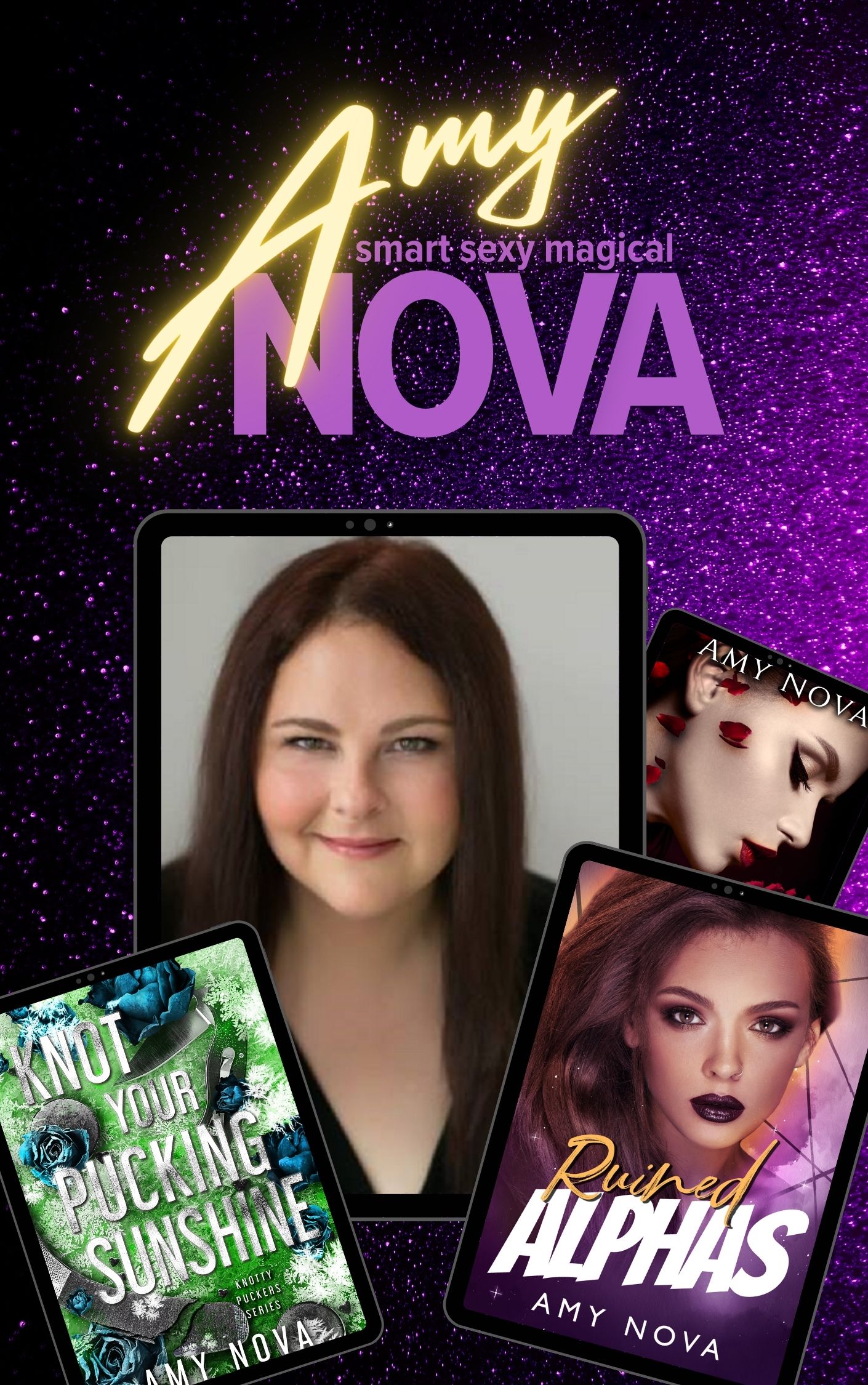 purple graphic showing the titles of Amy Nova and linking to her website