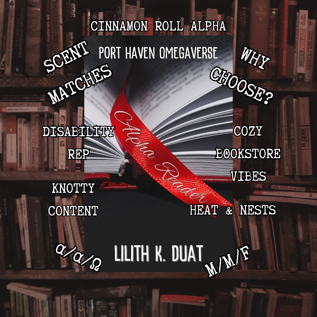 brown graphic showing the tropes for the romance novel Alpha Reader by Lilith K. Duat