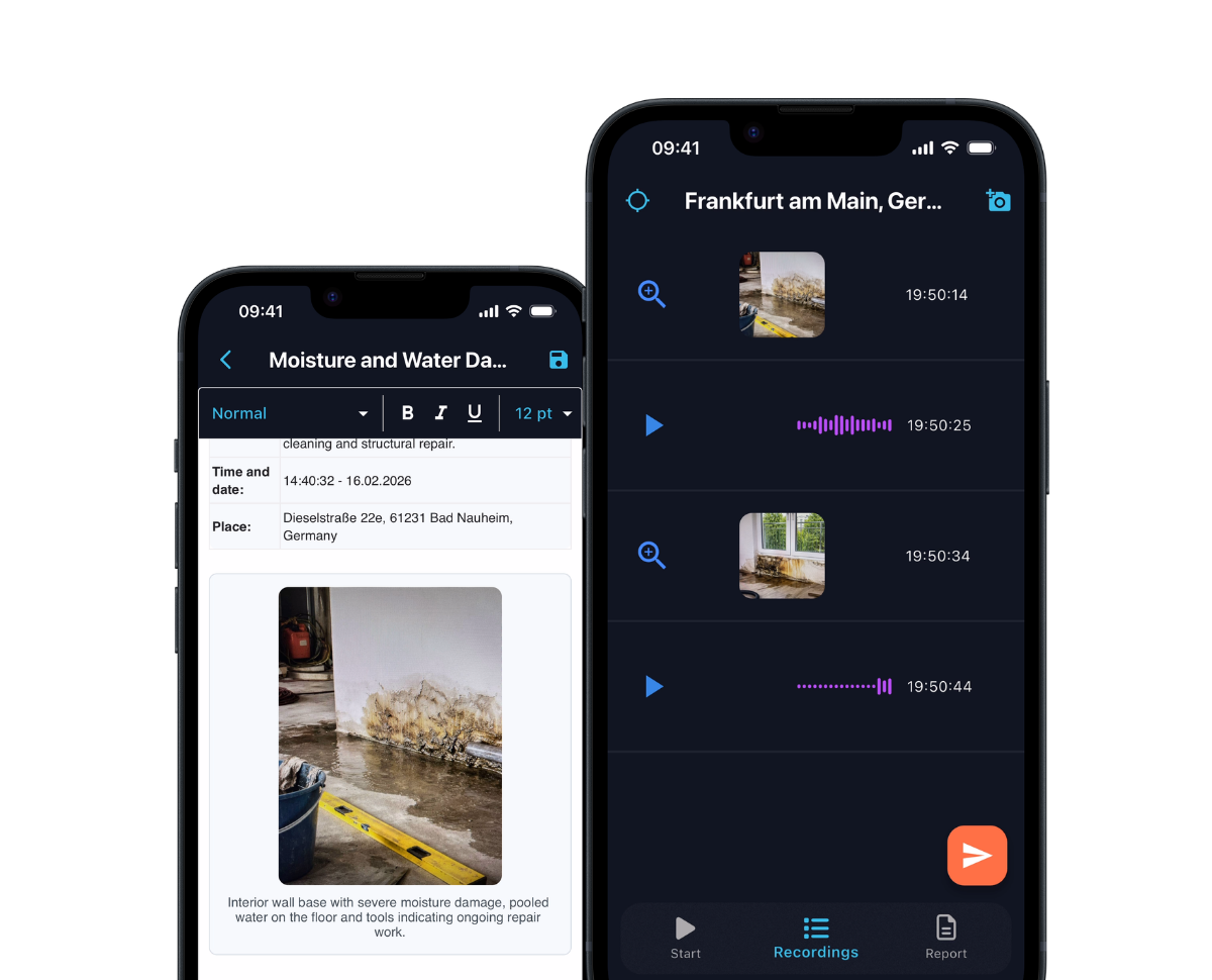 DokuAI iOS construction documentation app showing structured, time-stamped site report with photo evidence and export-ready layout.