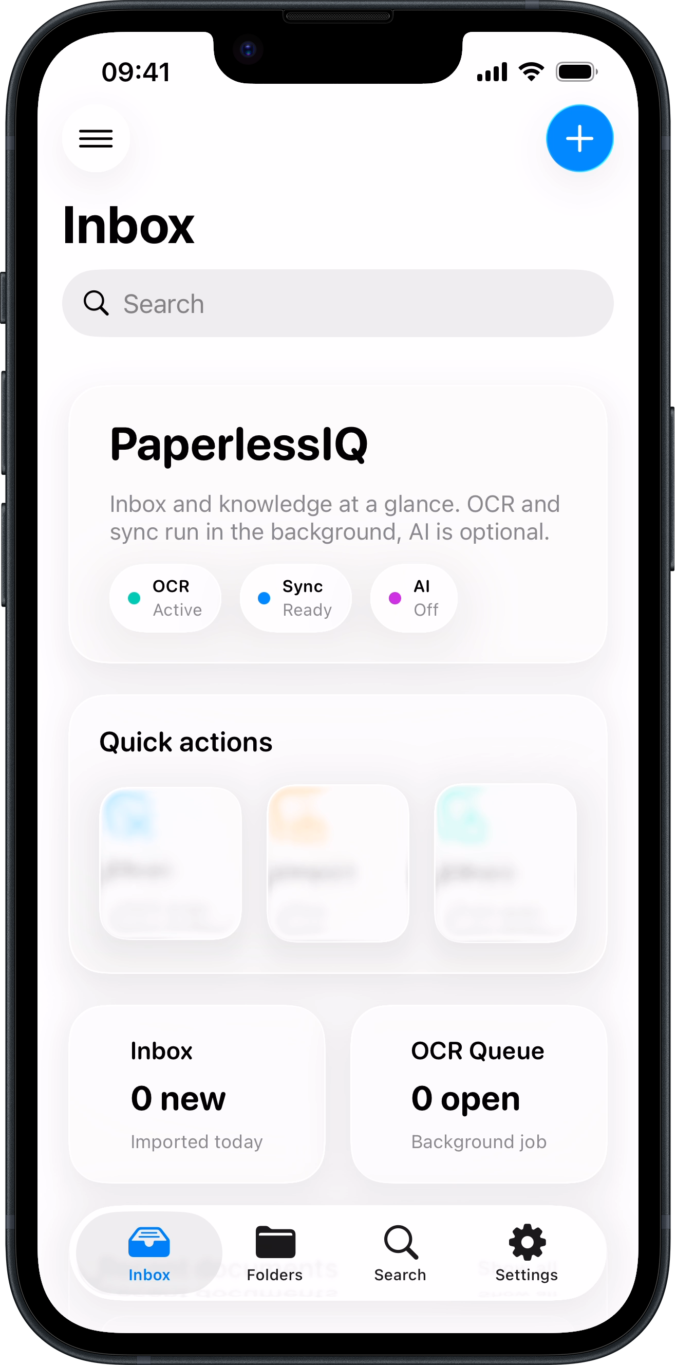 PaperlessIQ iOS document management app screenshot displaying structured inbox, OCR processing, search, and private iCloud document storage.