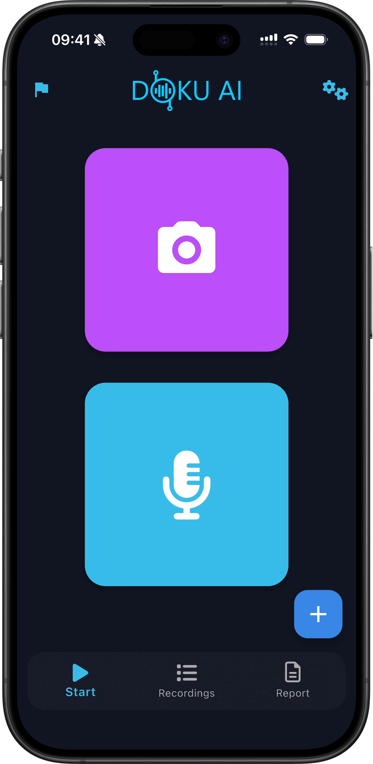 DokuAI iOS app capturing construction site documentation with photo and voice input to generate structured, time-stamped reports.