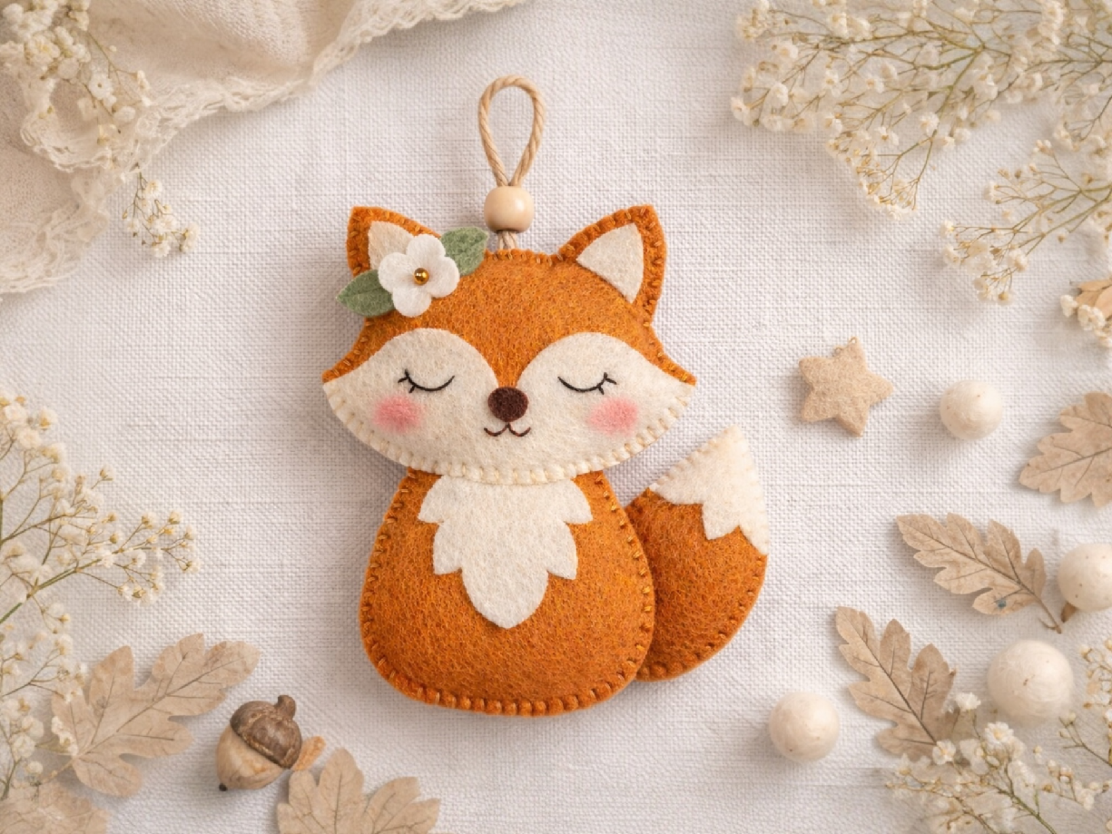 Felt woodland fox ornament PDF sewing pattern, hand-stitched felt animal decoration with blanket stitch, DIY felt craft, Fairy Shore free felt sewing pattern