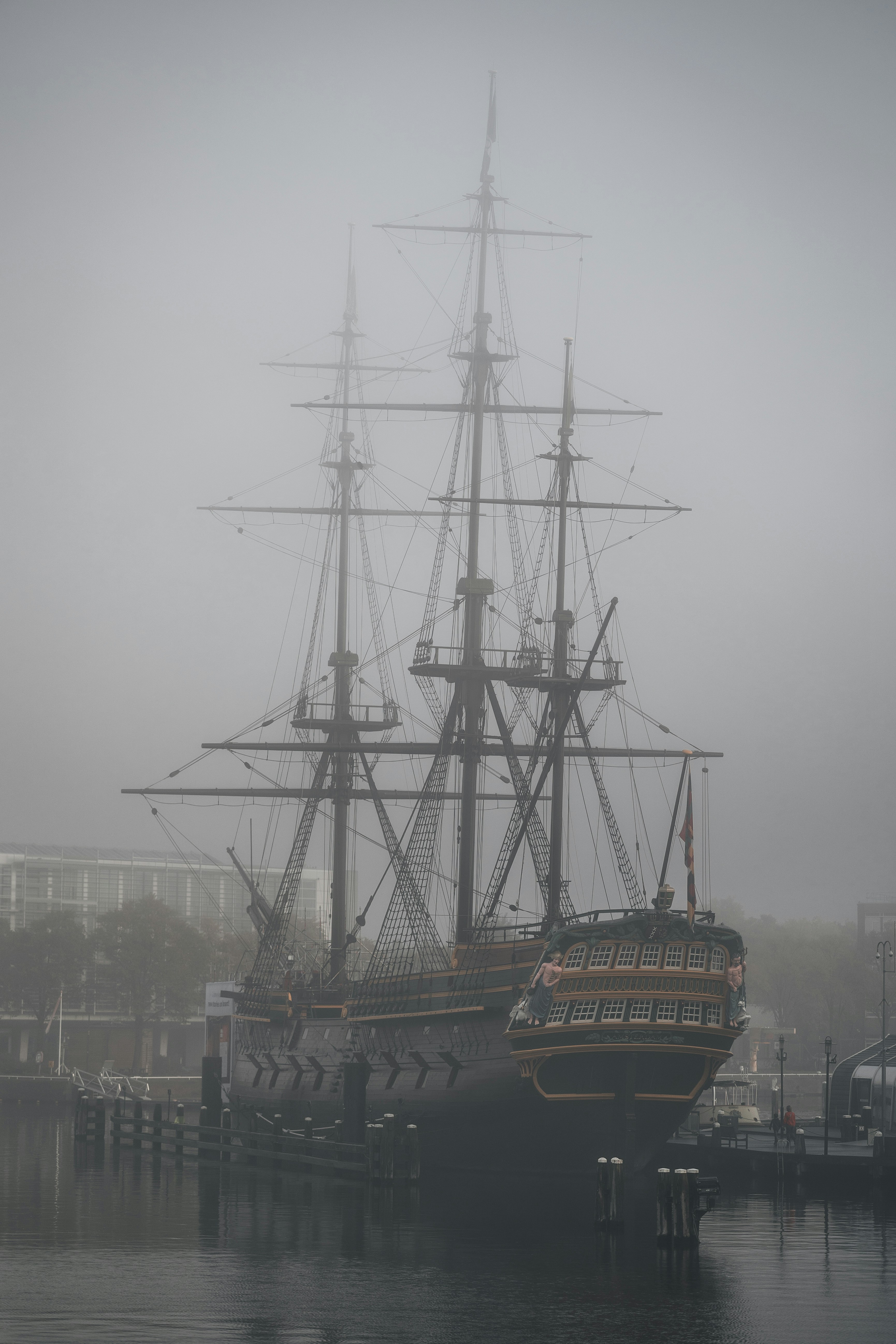 VOC ship Amsterdam in morning mist, replica of an 18th-century Dutch East Indiaman that carried Chinese blue-and-white porcelain to Europe