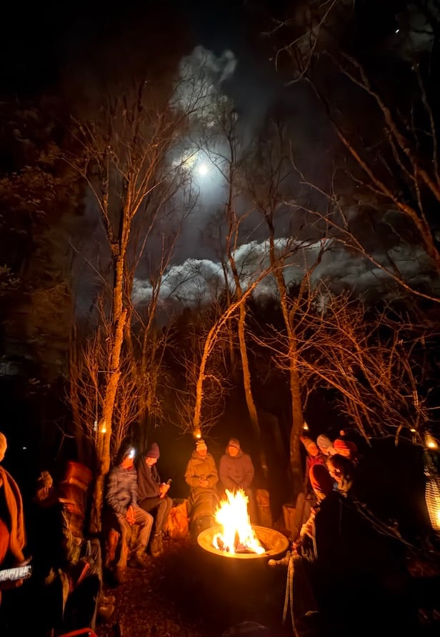 Group sitting around a firepit in woodland under a moonlit sky