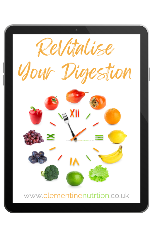 ReVitalise your digestion ebook from Clementine Nutrition, Karen Allan-Jones, Nutritional Therapist & Health Coach