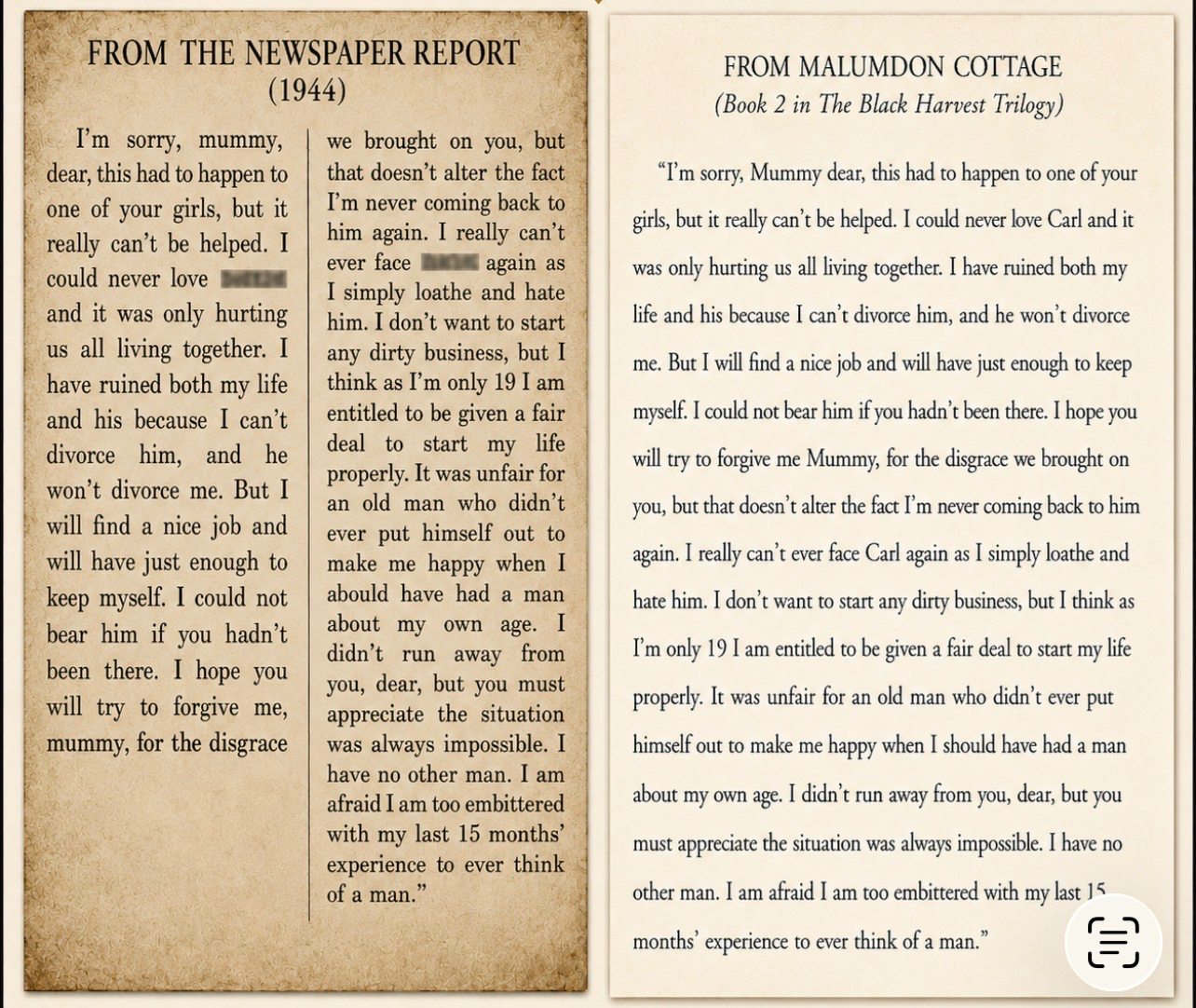 Comparison Of Letter in Newspaper and Version in Malumdon Cottage