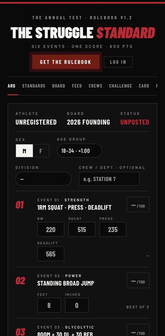 The Struggle Standard app — log your six test events