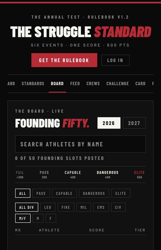 The Struggle Standard app — live Founding Fifty board