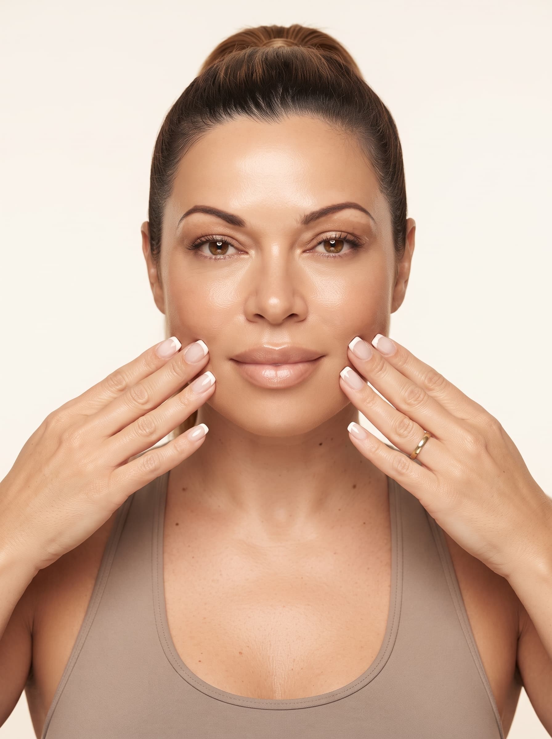 Face Yoga Dani demonstrating a facial sculpting Face Yoga exercise