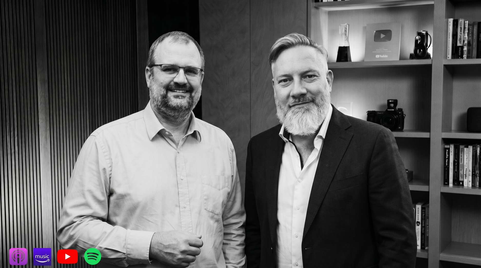 Podcast episode block titled 'BEYOND Blue Links: The Psychological Cost of Generative Engine Optimization (GEO) | Just Pedersen and Kaare Jensen.' The layout contains a black and white thumbnail of the two guests standing together in a studio next to summary text covering cognitive echo and mental sovereignty frameworks.