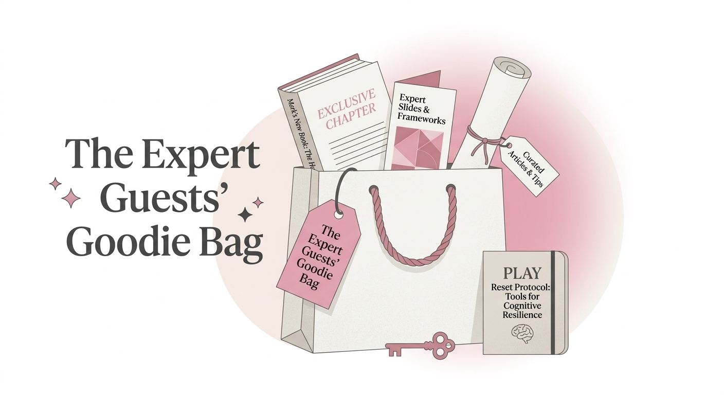 The Expert Guests' Goodie Bag for Rewire to Rise: A curated collection of resources including an exclusive book chapter, expert slides and frameworks, curated articles, and the PLAY Reset Protocol tools for cognitive resilience.
