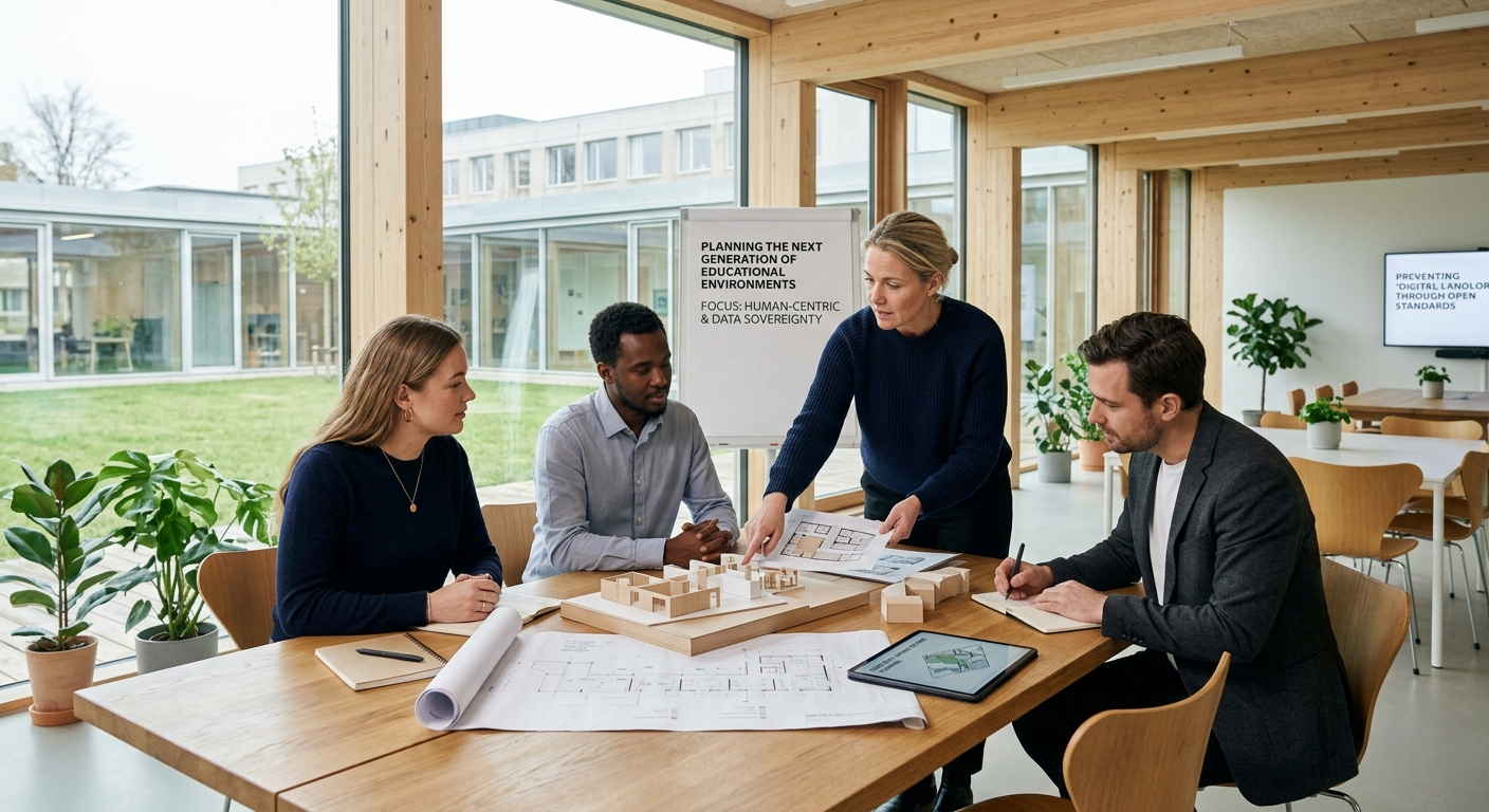 A group of professionals in a collaborative workspace planning the next generation of educational environments. Illustrating the need for strategic clarity to protect institutional infrastructure from digital landlords.