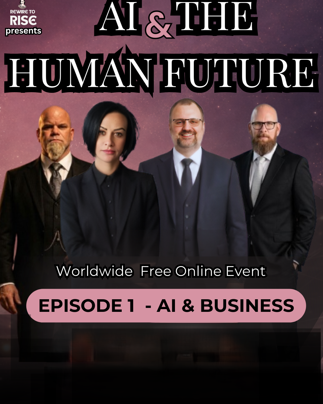 Mirela Bocanet and expert panel discussing AI & The Human Future for Rewire to Rise Episode 1 - Strategic integration of AI in business and leadership.