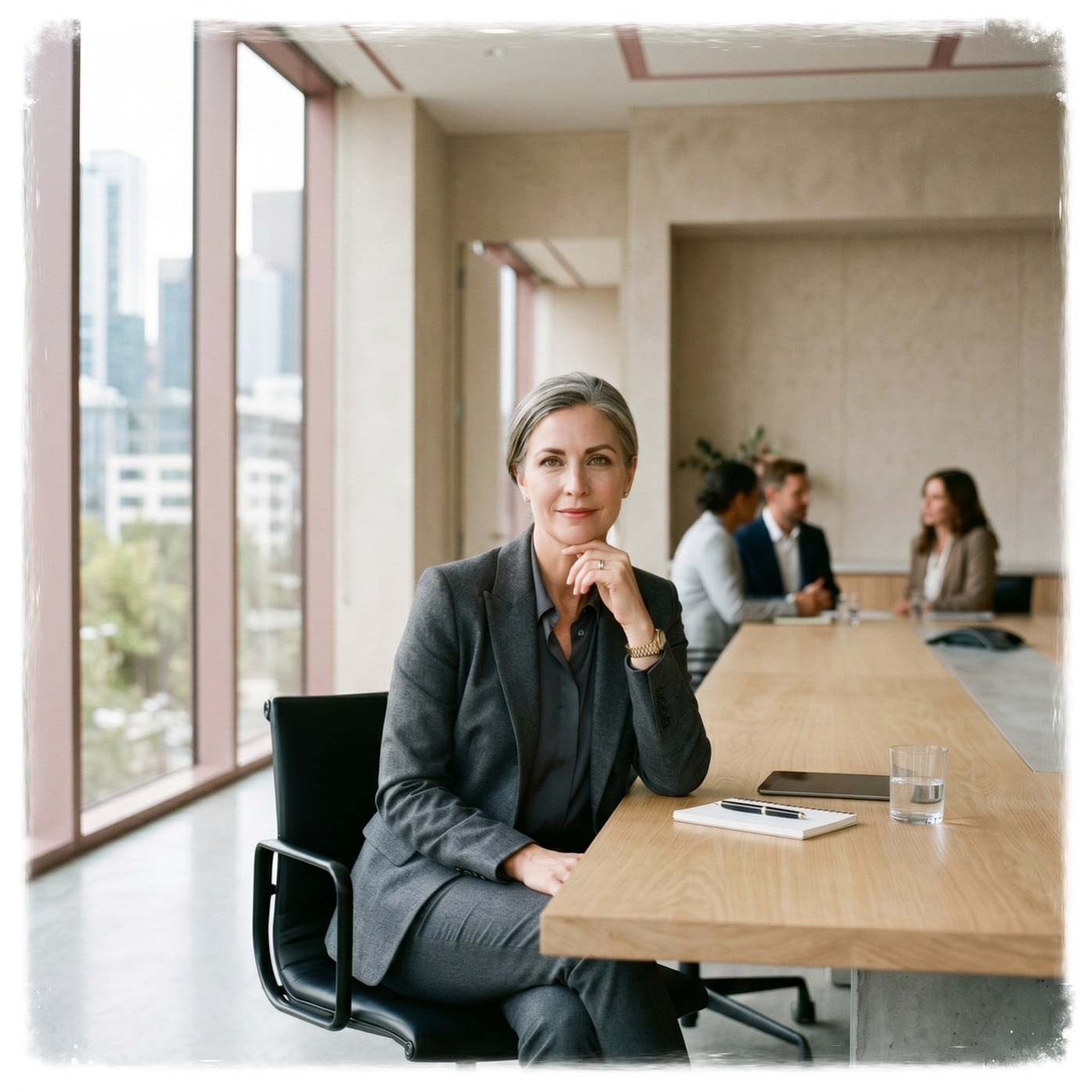 Premium editorial style photograph. A focused executive leader in a minimalist, modern boardroom with large windows. Clean Danish design aesthetic. Soft natural light, sharp focus, professional atmosphere. Colors: light beige backdrops, charcoal gray attire, with a subtle touch of soft muted rose in the architectural details. High-end, authentic corporate portrait, shot on 35mm film, volumetric lighting, no generic stock photo look.
