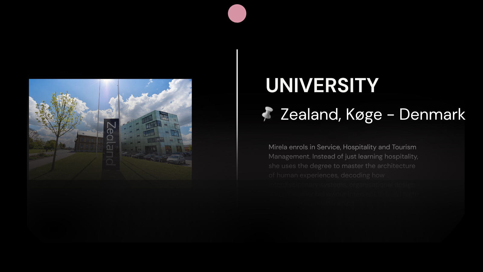 Timeline card titled 'UNIVERSITY - Zealand, Køge – Denmark' on a dark background. The left panel shows a photo of the modern glass campus building with a black 'Zealand' signpost, accompanied by text detailing Mirela's studies in Service, Hospitality, and Tourism Management to decode human experience architecture.