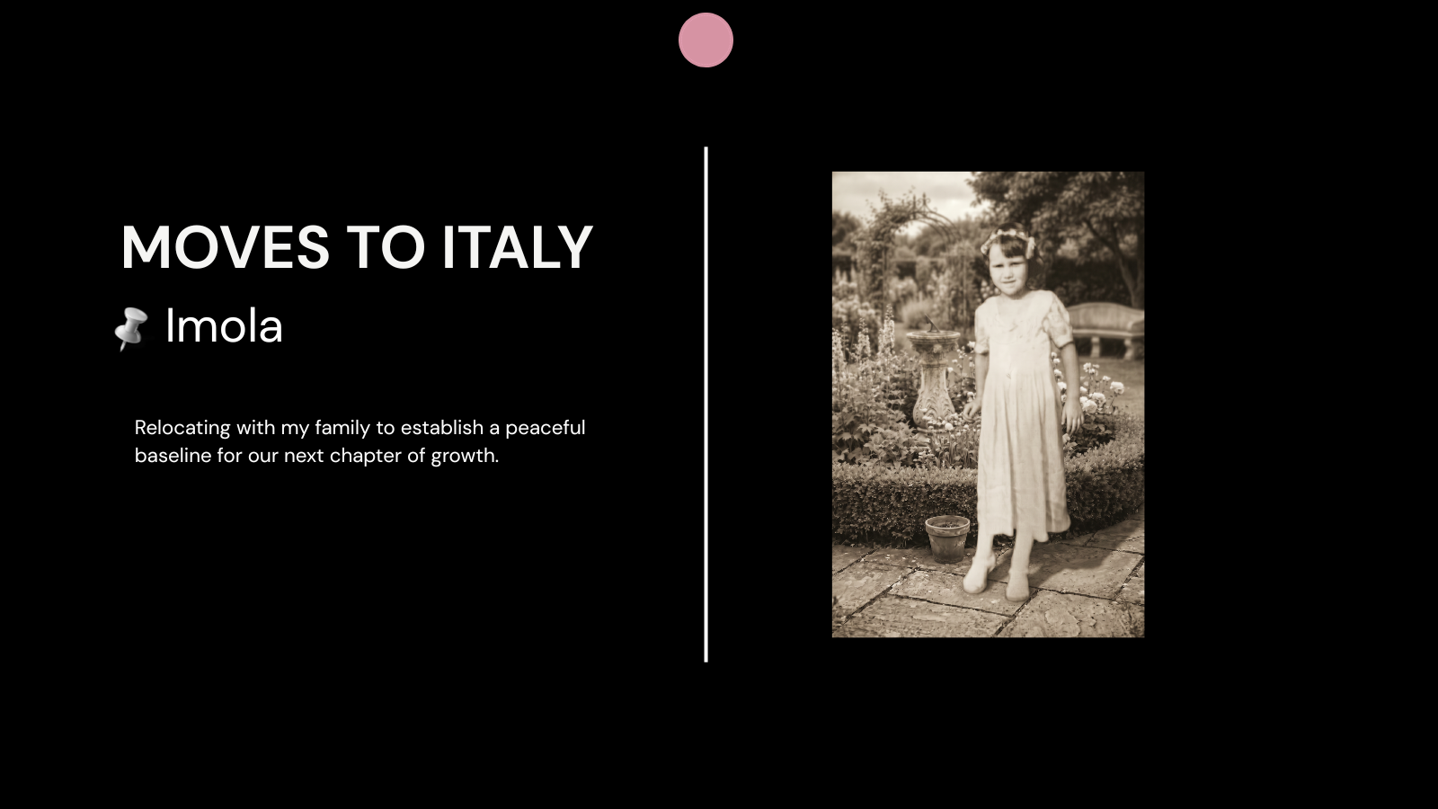 Vintage childhood timeline photograph of Mirela Bocanet in a garden, marking her family's relocation to Imola, Italy. This milestone highlights early cross-cultural adaptability and the concept of establishing a baseline for growth, which are foundational elements in her cognitive coaching frameworks for global leaders.