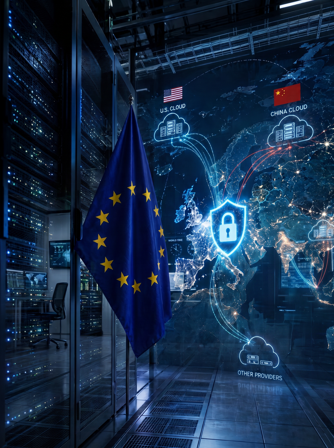 Thought leadership article card titled 'Digital Sovereignty — How European Is European AI, Really?' The dark, technical illustration depicts the European Union flag hanging inside a high-security server room room filled with interconnected cloud data networks stretching between the United States and China.