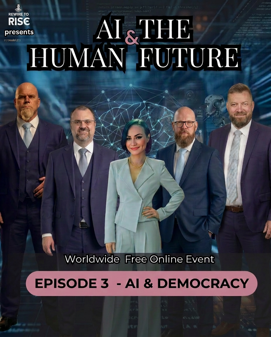 Promotional grid card for 'AI & The Human Future, Episode 3 - AI & Democracy', a worldwide free online event. The graphic shows five specialists with a digital brain network graphic overlay, featuring Mirela Bocanet center-left in a light blue-grey suit. The text describes strategies to safeguard public trust and collective decision intelligence, listing featured specialists Kaare Jensen, Mark Fleeton, Thorsten Westphal, and Just Pedersen, above a pink 'Watch Episode 3' button.