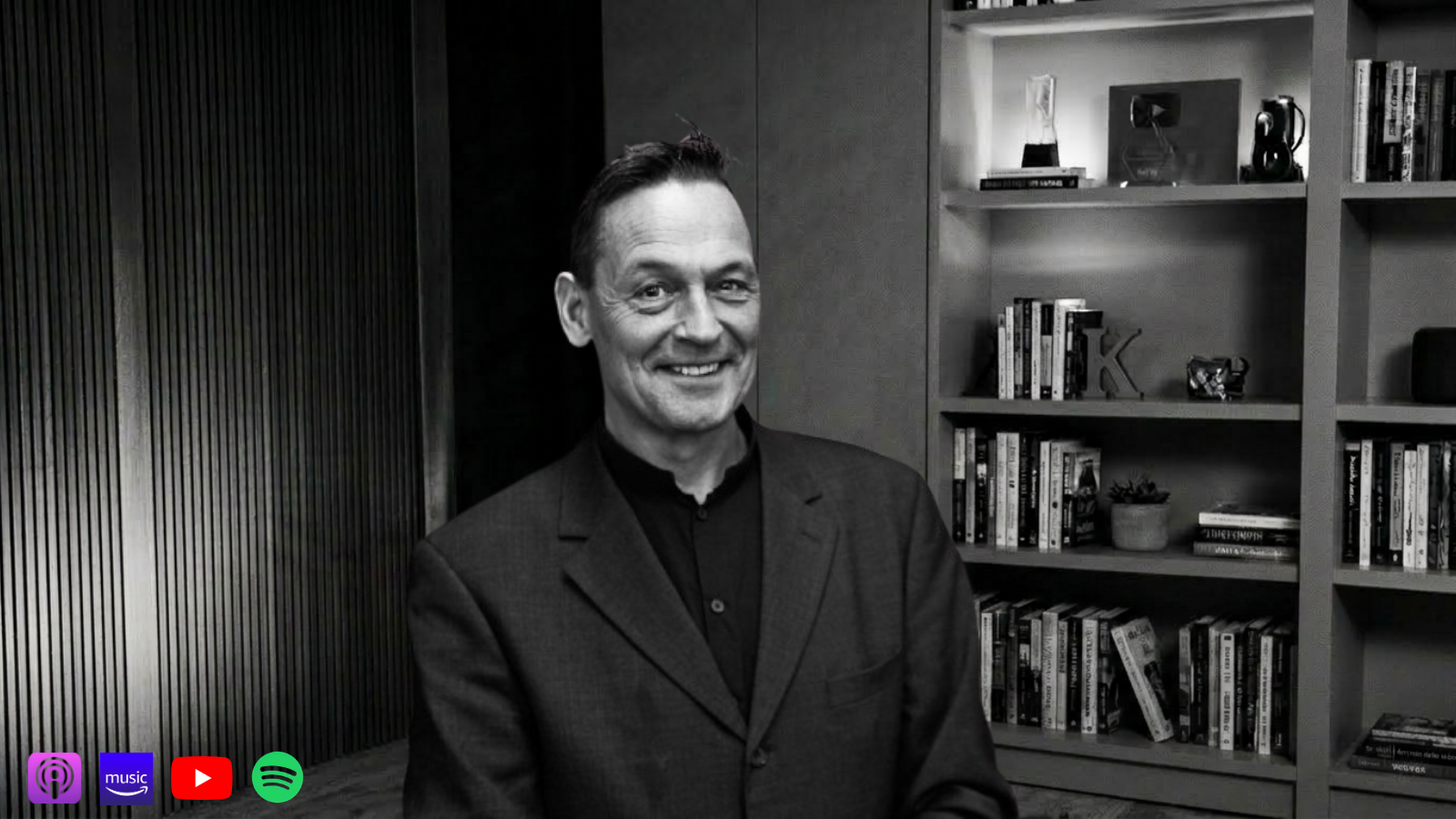 Podcast episode block titled 'Beyond GREEN Compliance: How Circular Entrepreneurship Reshapes Modern Business | Thomas Østergaard.' The layout features a black and white thumbnail of Thomas Østergaard smiling in a studio, next to descriptive summary text and links for Apple Podcast and Spotify Podcast.