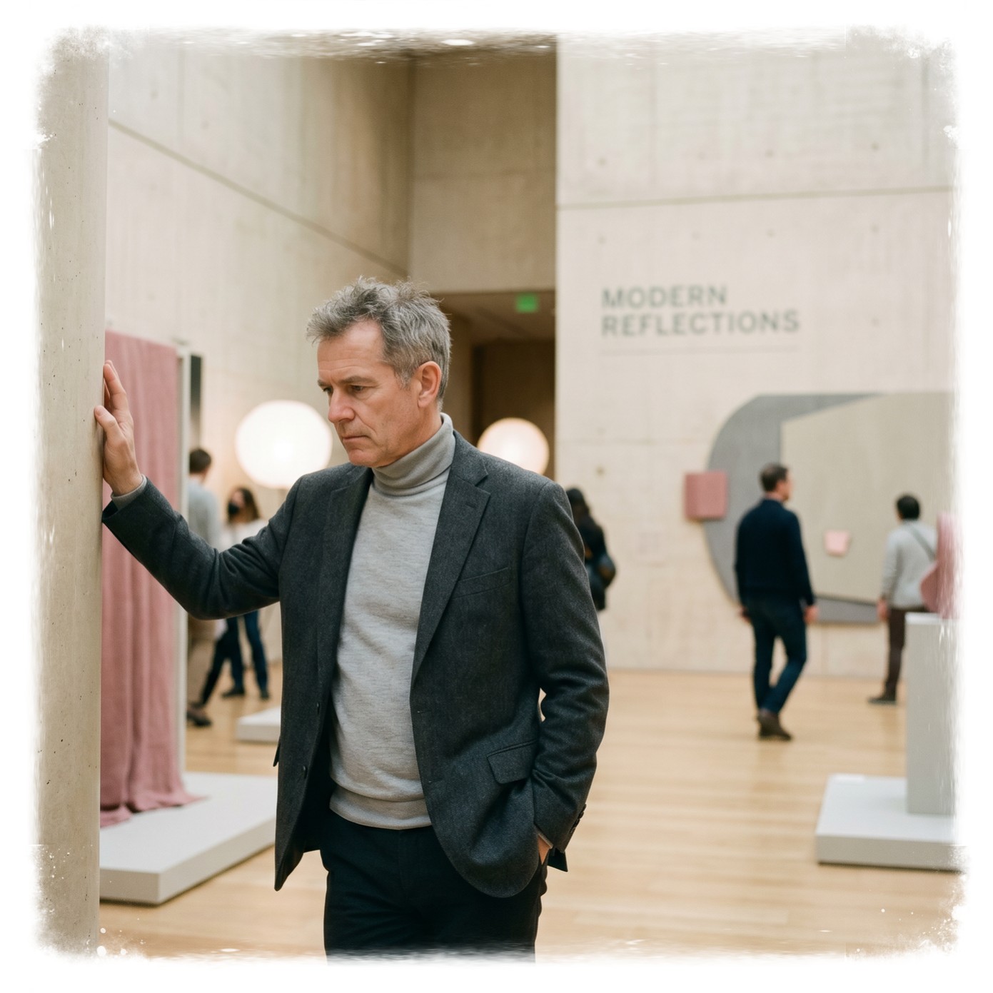 High-impact photojournalism style image. An institutional leader or strategist standing next to a minimalist architectural column or clean gallery space, looking thoughtful. Sophisticated and grounded atmosphere. Soft, diffused lighting highlighting a clean, intellectual space. Color palette controlled: 60% light beige, 30% charcoal gray, 10% muted rose accents. Authentic, professional, deep focus, cinematic.