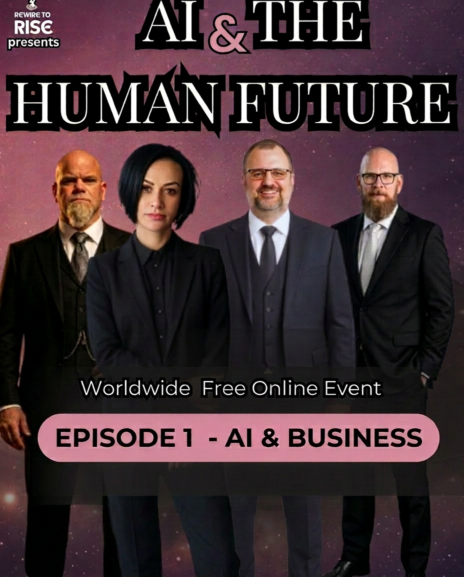 Promotional grid card for 'AI & The Human Future, Episode 1 - AI & Business', a worldwide free online event. The banner graphic shows a group portrait of four specialists in dark formal attire, with Mirela Bocanet at the center-left. Below, descriptive text details an analysis of algorithmic bias in corporate leadership, listing featured specialists Kaare Jensen, Mark Sinclair Fleeton, Thorsten Westphal, and Mirela, above a pink 'Watch Episode 1' button.