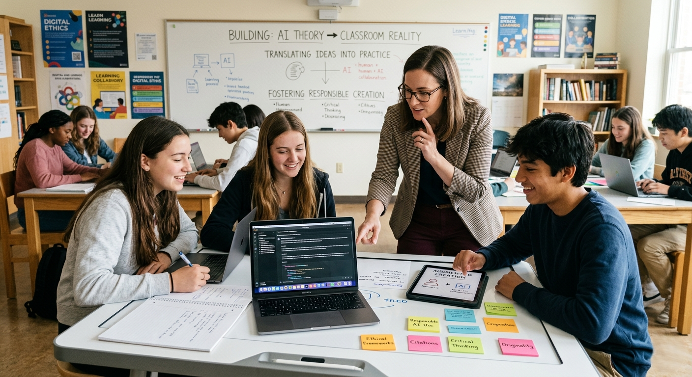Students and an educator working together with laptops and digital tools in a classroom. Representing the practical frameworks needed to foster ethical empowerment and responsible augmented creation.