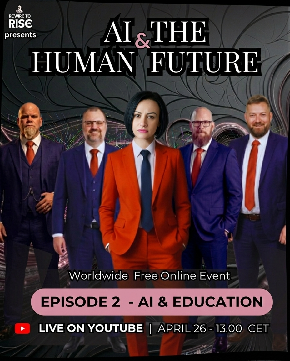 Official poster for Rewire to Rise Episode 2: AI & The Human Future – AI & Education. Featuring Mirela Bocanet and an expert panel discussing student data sovereignty, the psychological layer of synthetic reality, and preventing intellectual passivity.
