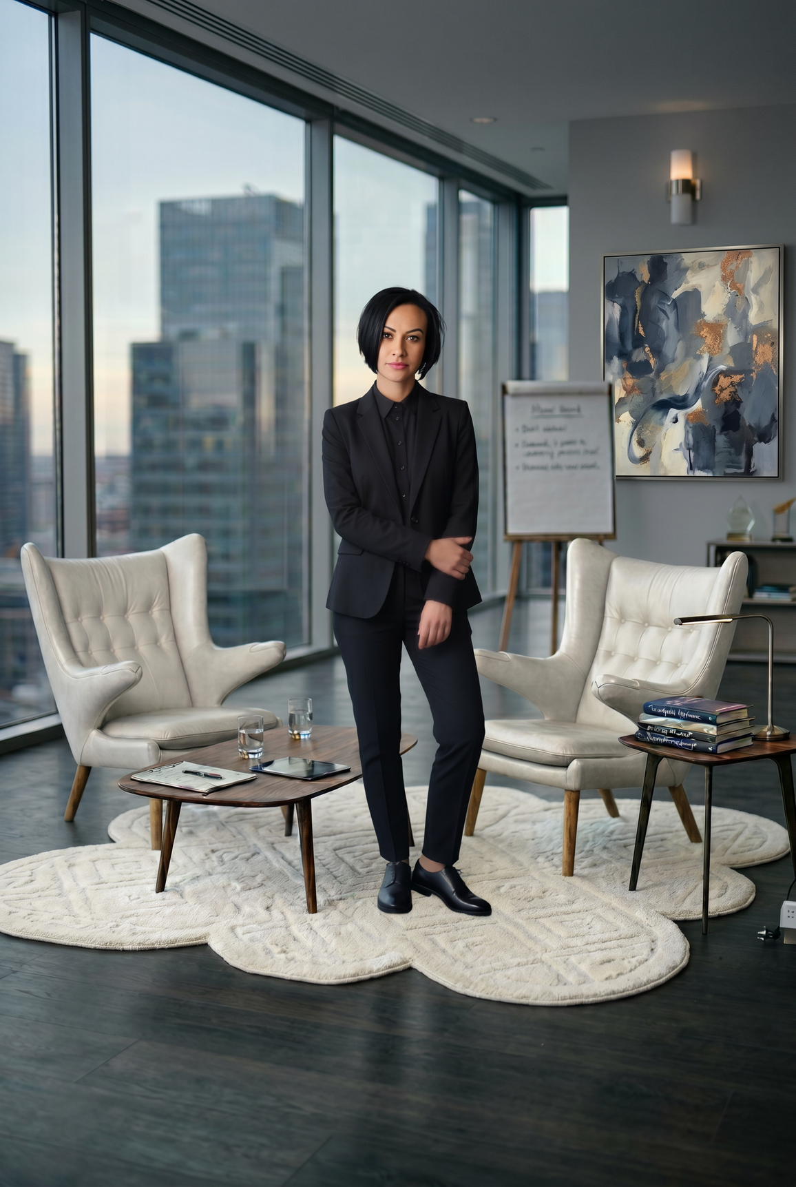 Mirela Bocanet standing confidently in a modern, elegant high-rise executive workspace in Denmark, styled with Danish minimalist accents. This image represents her selective, high-impact cognitive coaching and neuro-strategy services designed specifically for emotionally intelligent, neuro-clean, and high-achieving corporate leaders.
