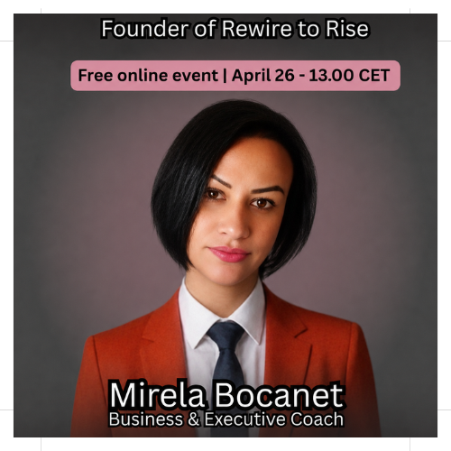 Mirela Bocanet, Founder of Rewire to Rise, in a professional setting. High-impact expert in Brand Strategy and Cognitive Coaching for the AI era.