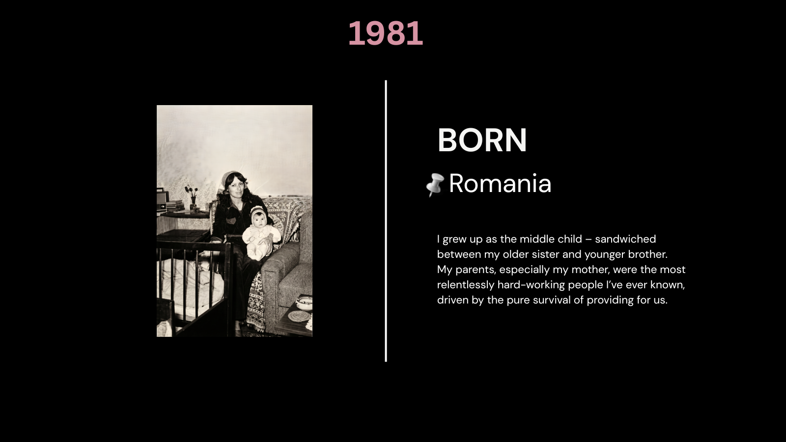 Black and white historical timeline photo from 1981 showing Mirela Bocanet as a baby with her mother in Romania. This origin milestone illustrates the foundation of resilience and a relentless work ethic—core drivers that shape her current methodology as a high-impact executive coach and brand strategist.
