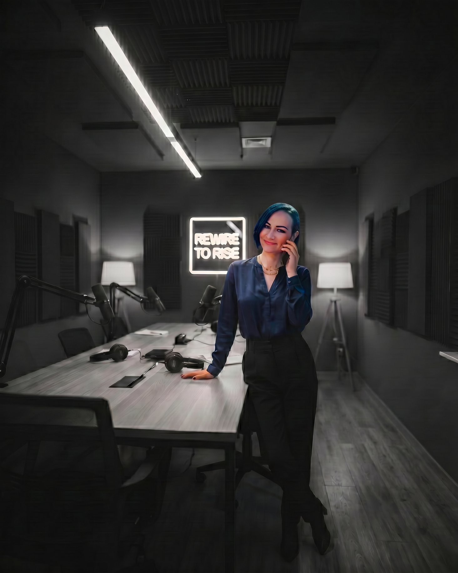 Interactive website section titled 'Voice Memo To Mirela' with instructions for listeners to send high-trust voice messages. The featured image shows Mirela Bocanet holding a phone to her ear inside a modern, moody gray podcast studio equipped with microphones and headphones, featuring a glowing 'Rewire to Rise' neon sign on the back wall.