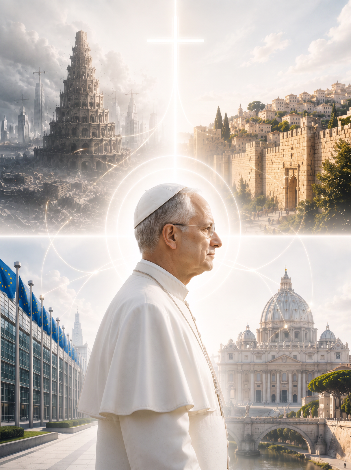 Thought leadership article card titled 'Magnifica Humanitas: A Tale of Four Cities.' The visual features a profile portrait of Pope Leo XIV framed by a glowing halo of light, juxtaposed against architectural symbols of the historical Vatican, St. Peter's Basilica, and the biblical Tower of Babel to represent AI moral frameworks.
