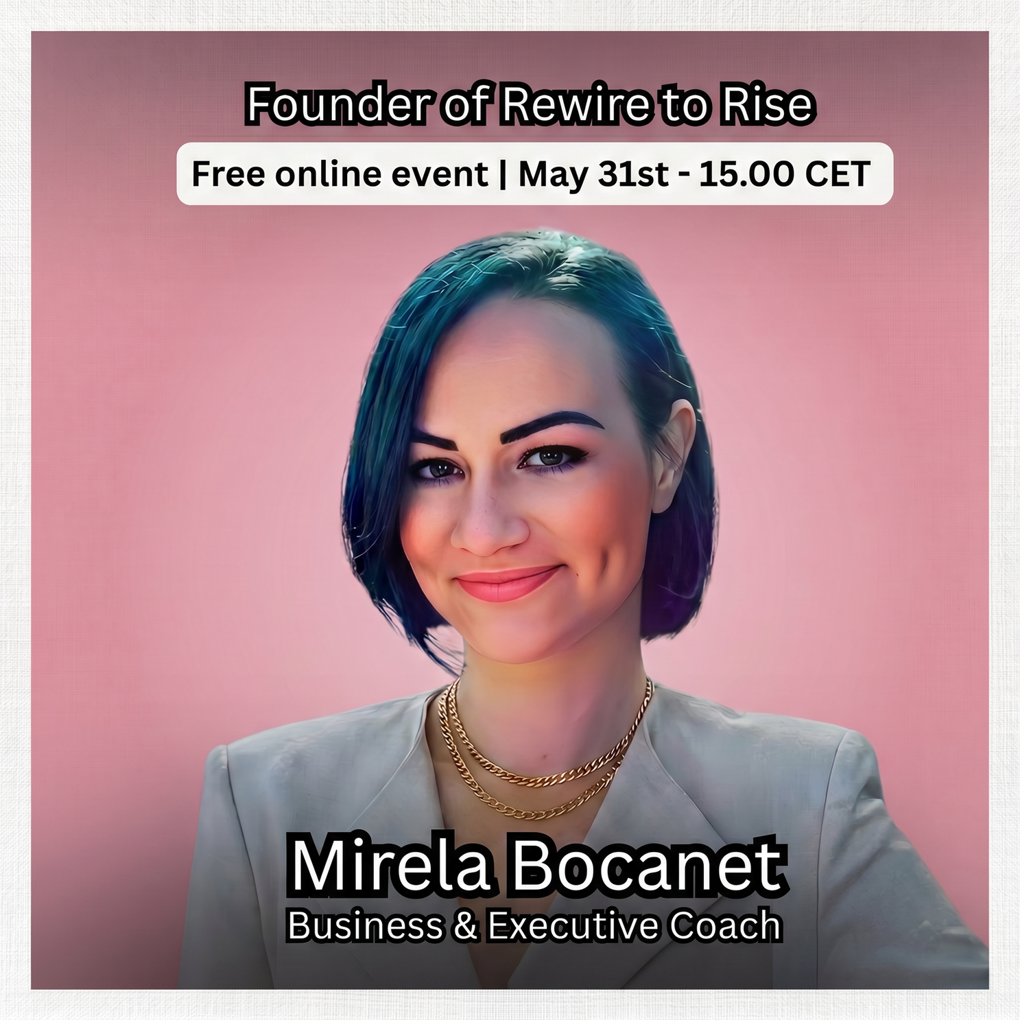Mirela Bocanet, Founder of Rewire to Rise, in a professional setting. High-impact expert in Brand Strategy and Cognitive Coaching for the AI era.