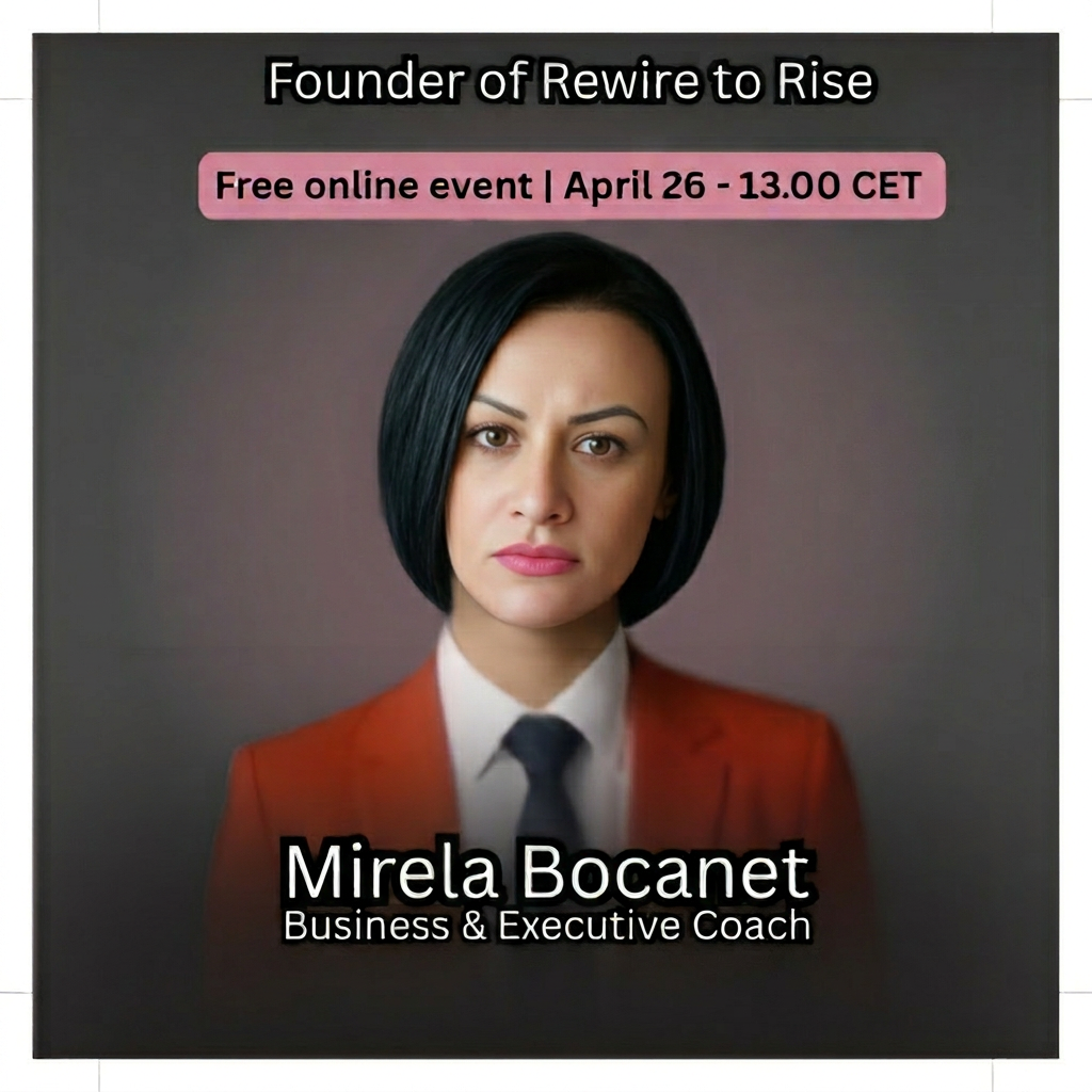 Mirela Bocanet, Founder of Rewire to Rise, in a professional setting. High-impact expert in Brand Strategy and Cognitive Coaching for the AI era.