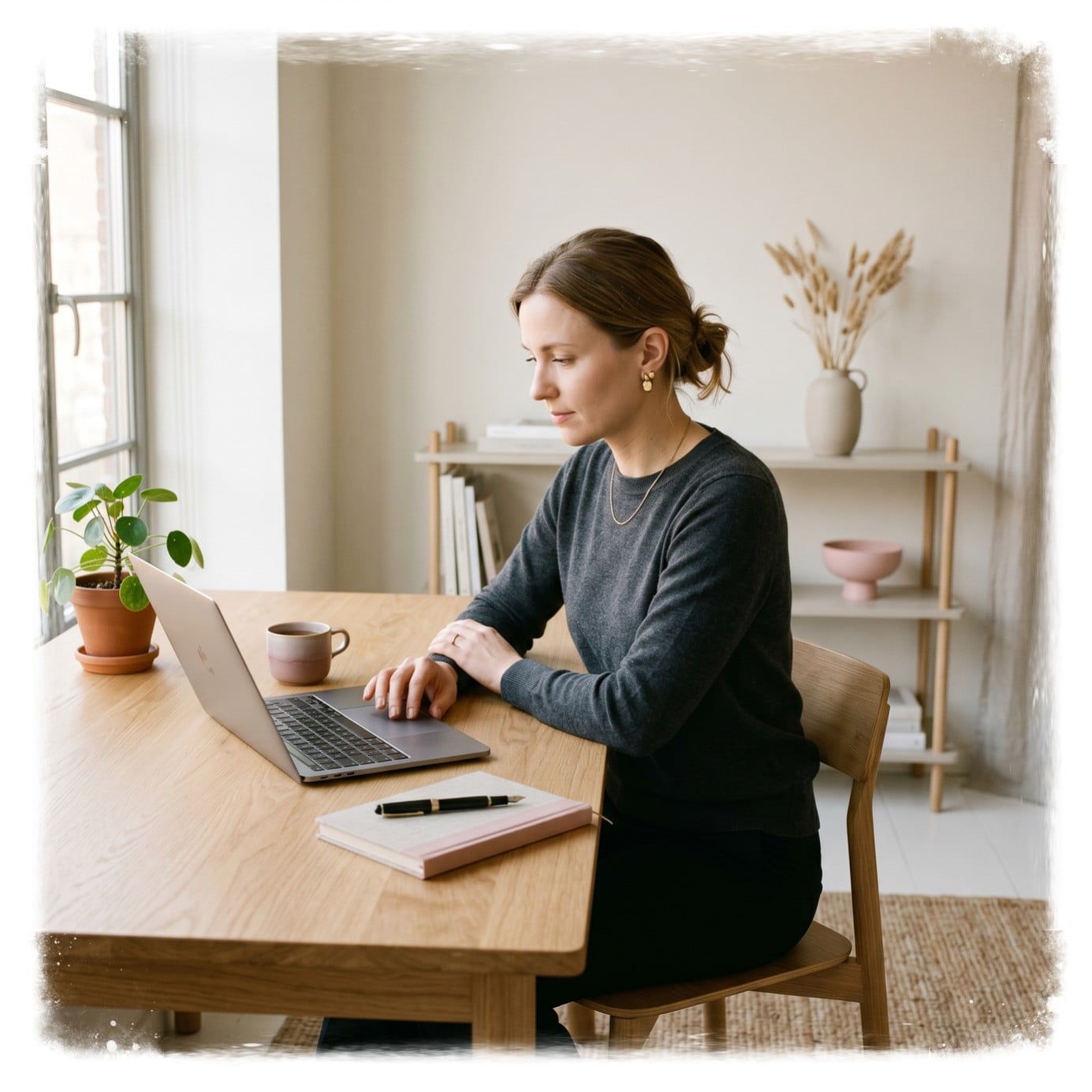Elegant, minimalist lifestyle editorial portrait. A professional sitting at a clean, open wooden workspace with an organic feel. Deep concentration, calm expression, reclaiming focus. Minimal distractions, Danish minimalist interior design. Warm, natural daylight streaming in. Balanced composition. Dominant tones of soft light beige and charcoal gray, with elegant soft pink or muted rose highlights.
