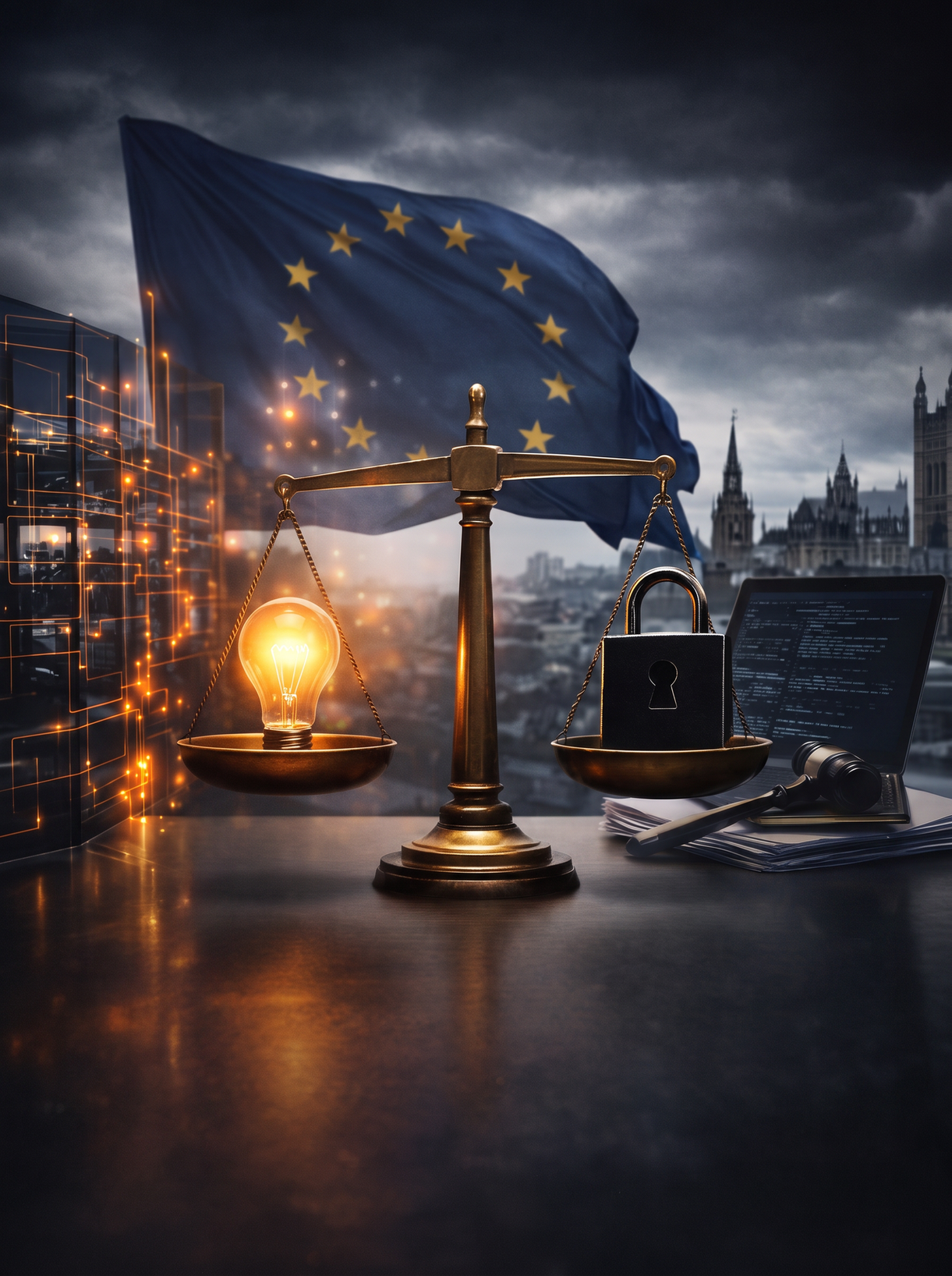 Thought leadership article card titled 'Five Paths to Smarter Digital Regulation — Without Weakening Europeans\' Rights.' The featured illustration displays a classic scale of justice balancing a glowing lightbulb against a secure laptop with a digital padlock, set against the backdrop of the European Union flag.