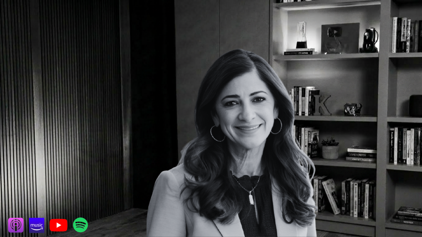 Podcast episode block titled 'Personal BRANDING isn't marketing—it's alignment: Leadership with Dana Williams.' The section displays a black and white video preview thumbnail of corporate leader Dana Williams smiling, accompanied by explanatory text on closing the identity gap for high-achievers.