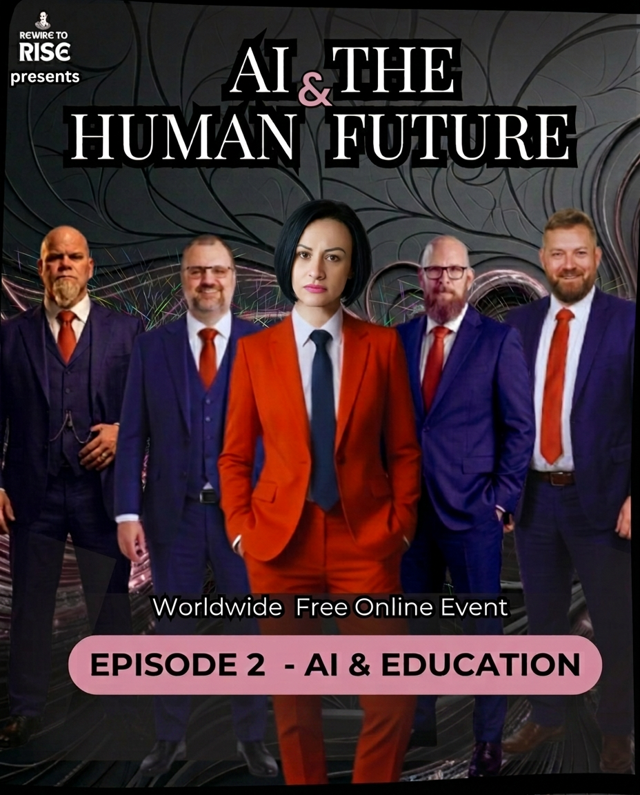Promotional grid card for 'AI & The Human Future, Episode 2 - AI & Education', a worldwide free online event. The banner features five specialists in formal business suits, with Mirela Bocanet standing prominently at the center in a striking bright orange suit. The summary text focuses on the shift from technological consumption to preserving independent thought, listing featured specialists Kaare Jensen, Mark Fleeton, Thorsten Westphal, and Just Pedersen, above a pink 'Watch Episode 2' button.
