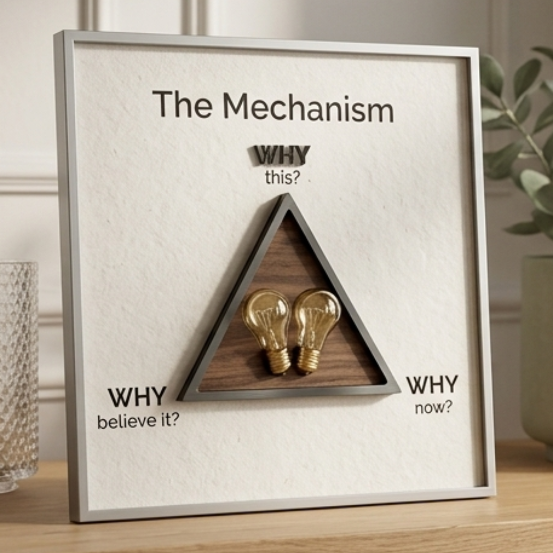 The Mechanism framework for AI leadership: A triangle diagram exploring 'Why this?', 'Why believe it?', and 'Why now?' to establish strategic clarity in executive AI adoption.
