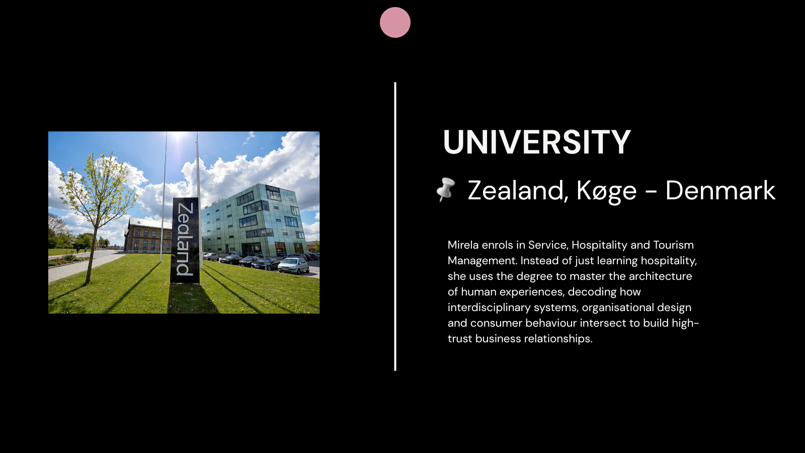 Timeline card titled 'UNIVERSITY - Zealand, Køge – Denmark' on a dark background. The left panel shows a photo of the modern glass campus building with a black 'Zealand' signpost, accompanied by text detailing Mirela's studies in Service, Hospitality, and Tourism Management to decode human experience architecture.