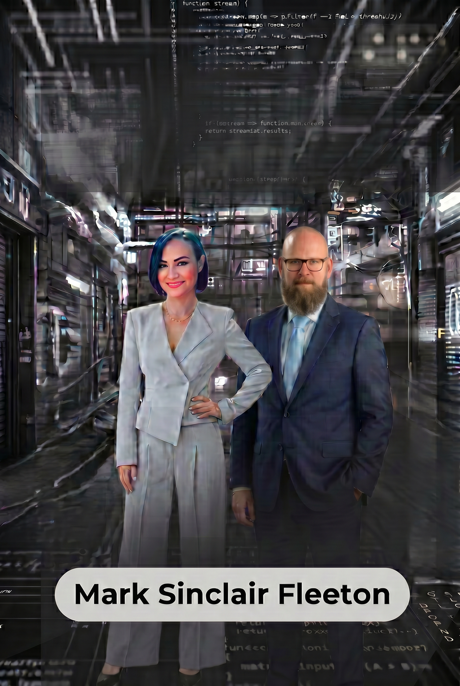 Mirela Bocanet and Mark Sinclair Fleeton standing side-by-side in professional business attire against a matrix-style digital background coding overlay. This visual represents their cross-platform masterclass collaboration with AI Portalen in Denmark, translating complex AI ethics, data privacy, and systemic automation risks into actionable executive strategies.
