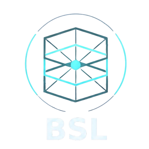 Company logo on a black background showing the clean, white sans-serif letters 'BSL' positioned underneath a circular, cyan-colored tech emblem. The emblem features an abstract 3D wireframe cube intersected by horizontal layers and a glowing central node.